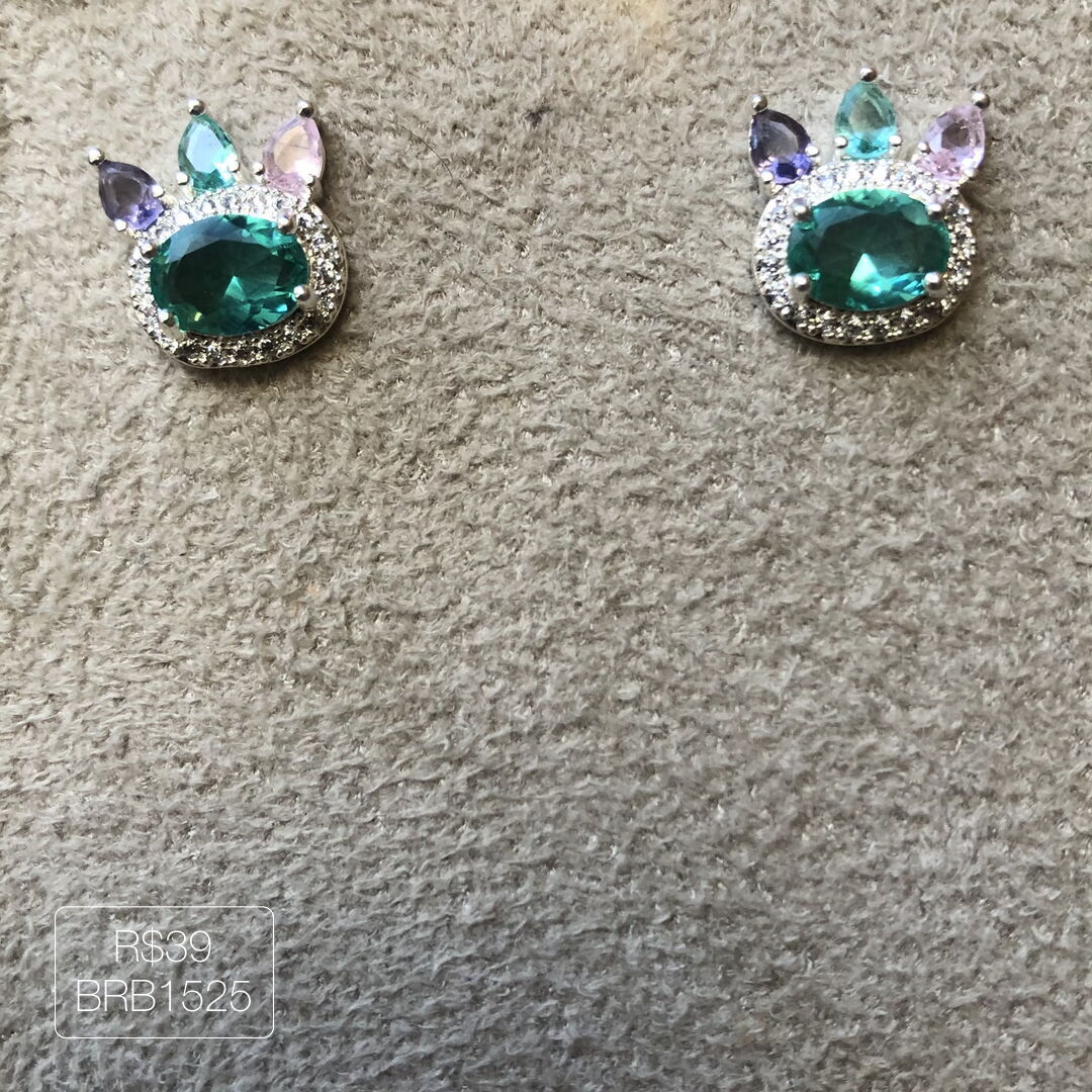 Brinco Oval Turmalina Cravejado c/ 3 Gotas Rainbow Prateado